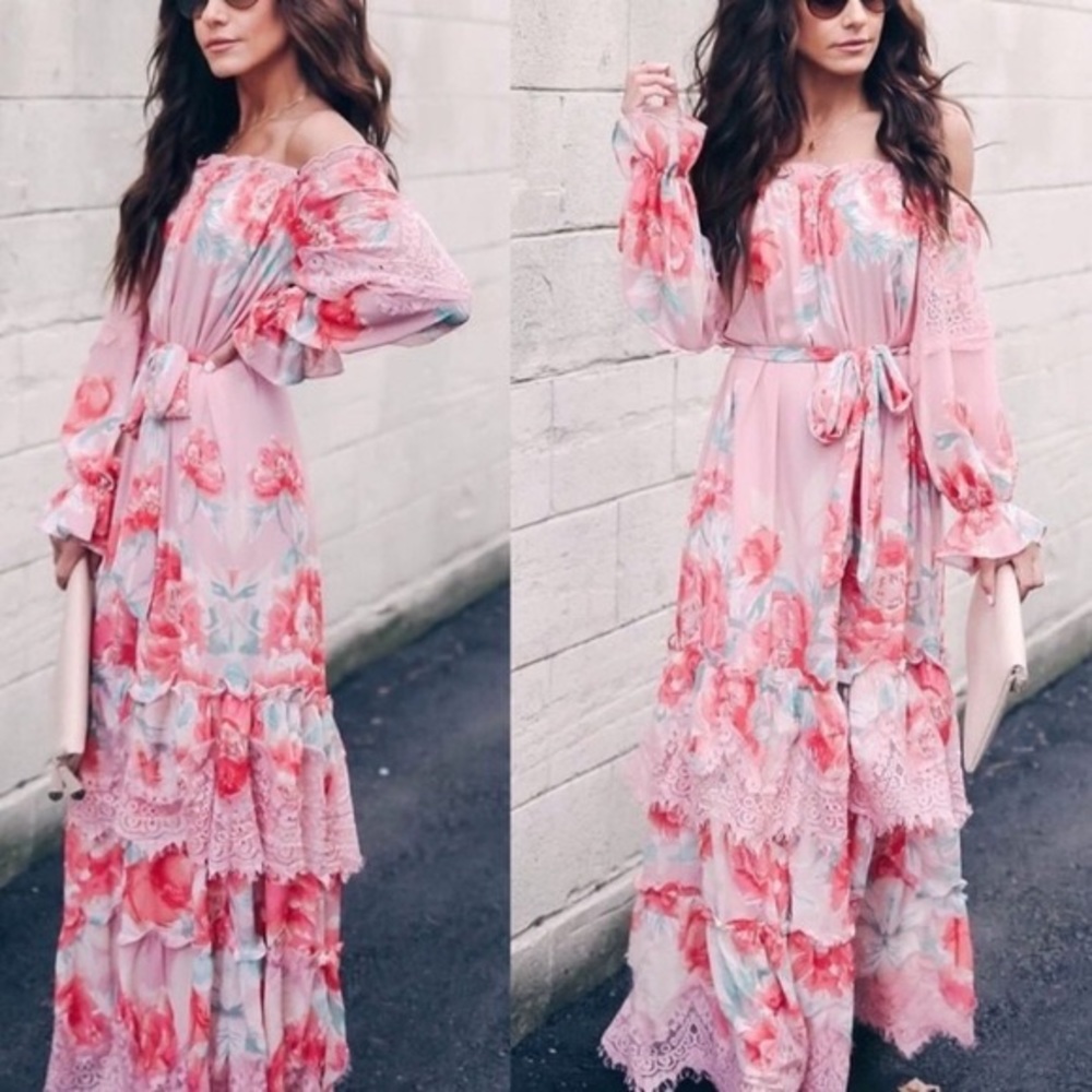 VICI Dolls Adore Me Floral + Lace Off The Shoulder Maxi Dress